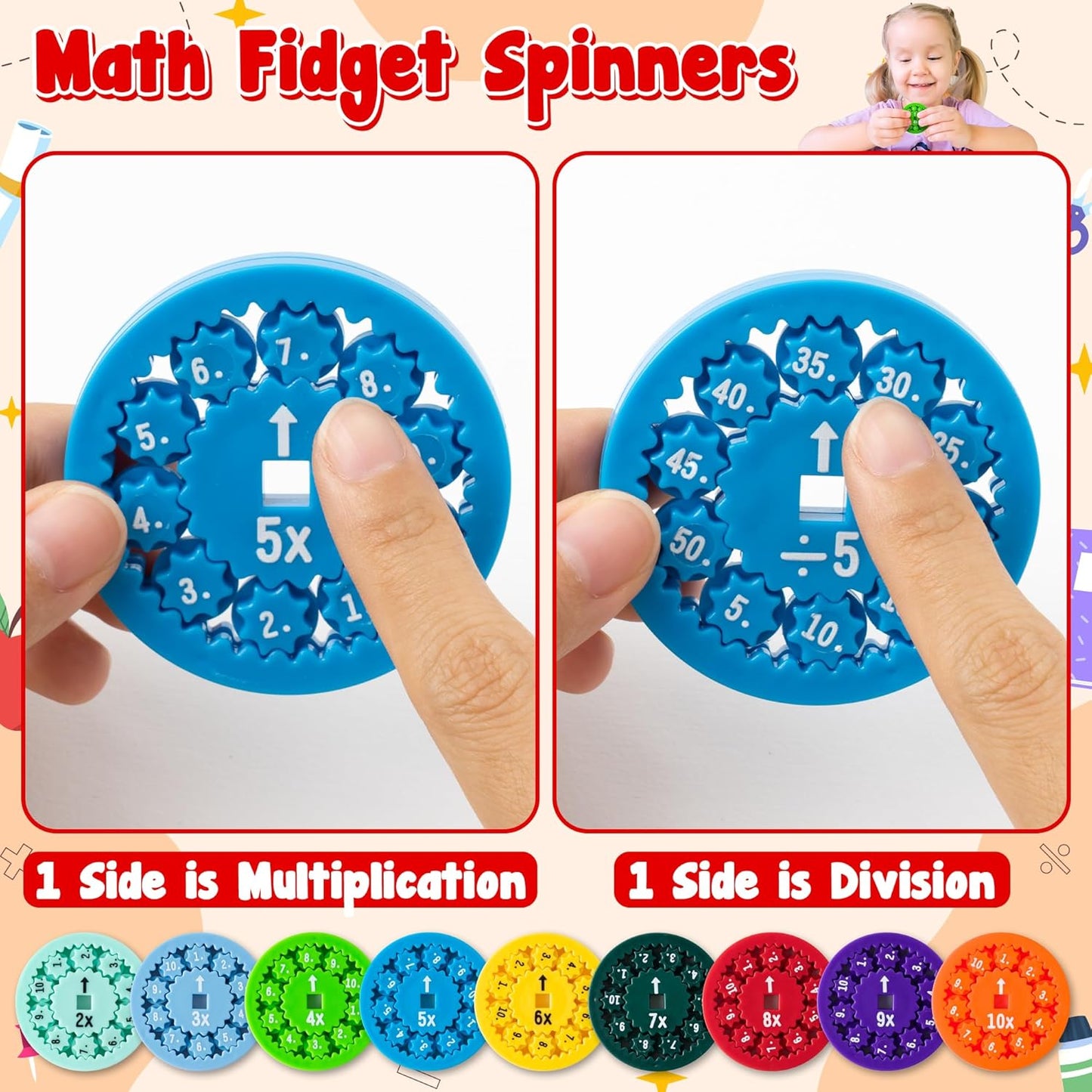 18Pcs Math Fidget Spinners Addition Subtraction Round Number Flying Fidget Spinner Division Multiplication Finger Spin Game Toys Educational Math Fact Games for Children Stimmers Fidgeters