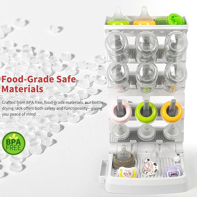 Baby Bottle Drying Rack for 12 Bottles, Space Saving Countertop Vertical Standing Bottle Dryer Rack for Baby Accessories & Pump Parts (Large White&Grey)