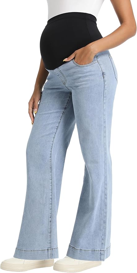 Foucome Women's Maternity Jeans Wide Leg Trendy Comfy Stretchy Straight Leg Pregnancy Denim Pants