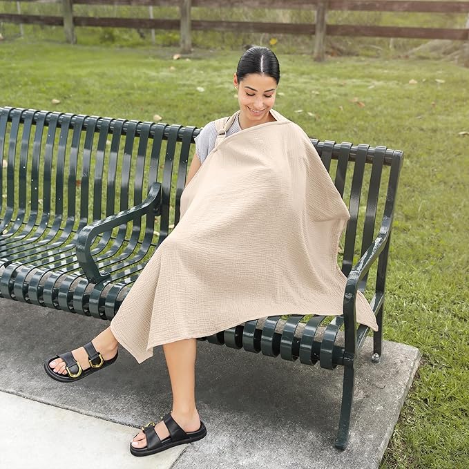 Comfy Cubs Muslin Nursing Cover, Pack of 1, 100% Muslin Breastfeeding Cover - Soft & Breathable Baby Nursing Scarf with Adjustable Neck Strap - Portable, Lightweight & Privacy Coverage - Sand