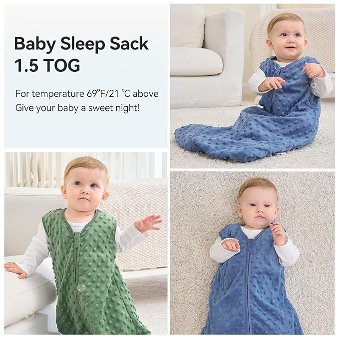 Fleece Baby Sleep Sack 6-12 Months with Plush Dots 1.5 Tog Baby Wearable Blanket with 2-Way Zipper Warm Sleeping Sack for Toddler Infant Newborn - Medium, Blue&Green