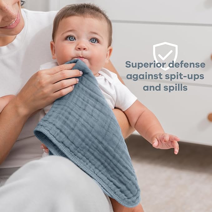 Comfy Cubs Muslin Burp Cloths 20" x 10", Pack of 10 - Large, 6-Layer, Ultra Absorbent 100% Cotton for Baby Drool and Messes - Soft, Safe & Gentle Baby Burp Cloths for Boys & Girls - Pacific Blue