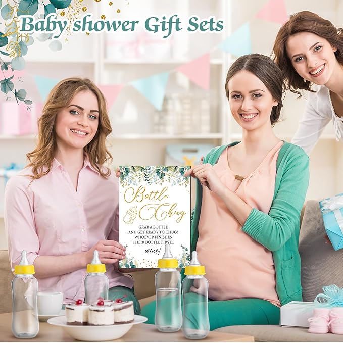 TrelaCo Greenery Cool Baby Shower Games Bottle Chug Sign Wooden Neutral Greenery Floral Gift Sets Gender Reveal Party Favors and 12 Pcs Baby Bottle Shower Favor for Games Gender Reveal