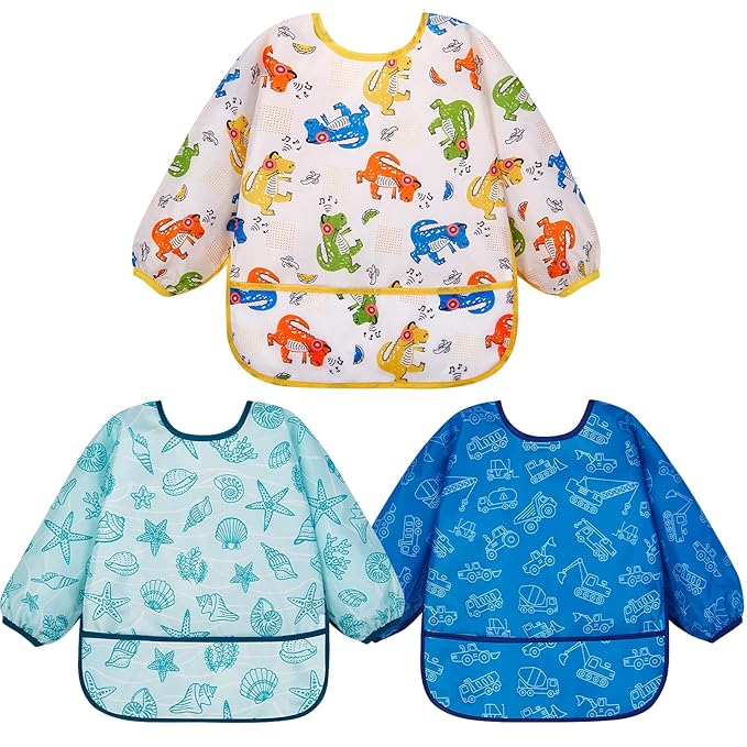 Lictin 3 Packs Baby Bibs for Boy or Girl, Cute Long Sleeve Bib, Waterproof Bibs for Toddlers,Adjustable Closure Baby Smock, Mess Proof Baby Bib, 6-24 Months Reusable Infant Baby Bibs