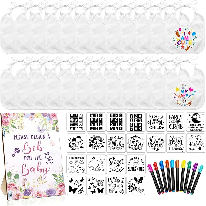 Newwiee 55 Pcs White Bibs for Baby Decorating Design a Bib Decorate Plain newborns Bibs Wooden Sign for Baby Shower Games Kit