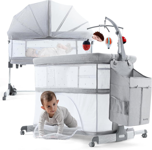 besrey 5 in 1 Baby Bassinet Bedside Sleeper, Playpen with Bassinet & Baby Cradle, Adjustable Bedside Crib for Newborn Infant with Mobile Toy Hanger, Hanging Diaper Bag, Mosquito Net, Mattress