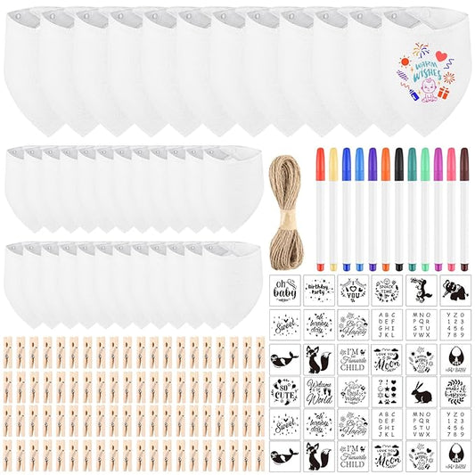 NACHLYNN 165 Pcs White Baby Bibs Baby Shower Games Set Including 36 Blank Baby Bibs 36 Stencils 80 Clothespins 12 Fabric Markers 1 Hemp Rope for Boys Girls Gender Reveal Party