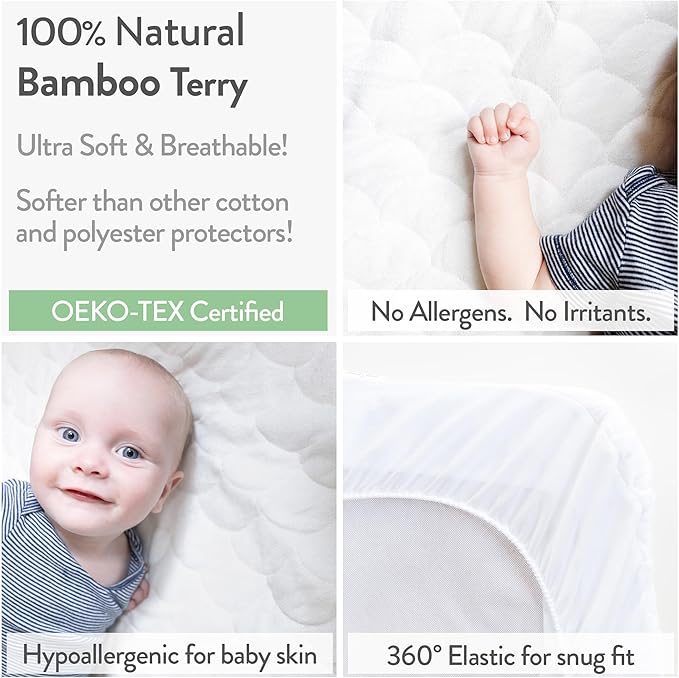 Joey + Joan Waterproof Mini Crib Mattress Protector – 2 Pack, 24" x 38" Quilted Ultra Soft Bamboo Viscose Terry Mini Crib Mattress Pad Cover – Noiseless & Breathable