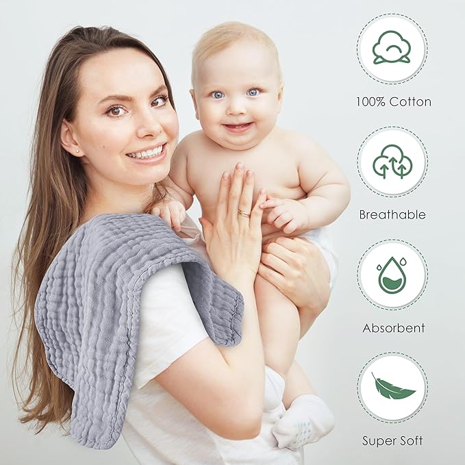 Muslin Burp Cloths 100% Cotton Large 20''x10'' Extra Soft and Absorbent Baby Wash Cloths Spit Up Rags - Baby Burping Cloth for Boys Girls Items(12 Pack Grey)