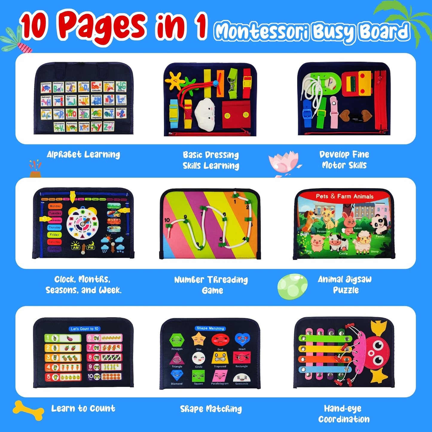 TenFans Busy Board - Montessori Toys for 1 2 3 4 Year Old - Sensory Toys for Toddlers 1-4 - Gifts for Boys Learning Fine Motor Skills - Educational Activities Travel Toys for Car Airplane