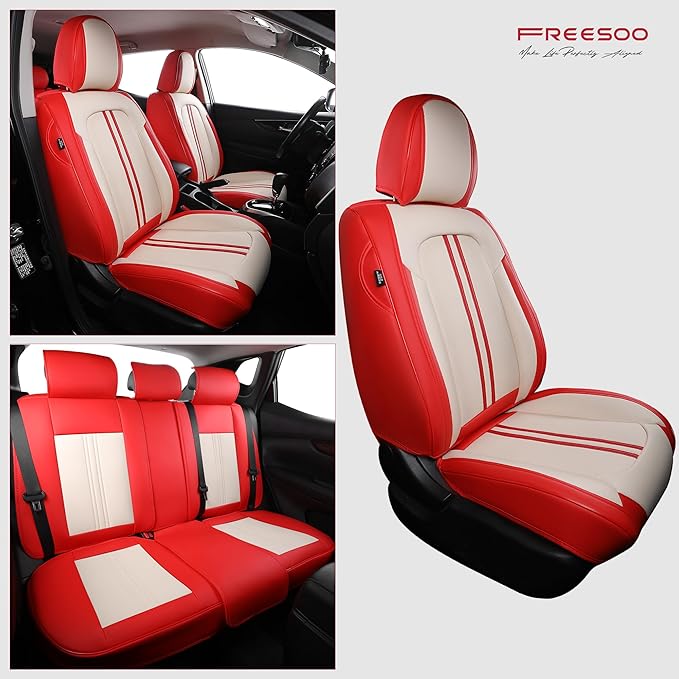 FREESOO Leather Car Seat Covers Full Set, Beige Red Seat Covers for Cars SUV Trucks, Waterproof Car Seat Cover Back Seat and Front, Luxury Auto Seat Covers Protector Cushion Fit for Most Vehicles