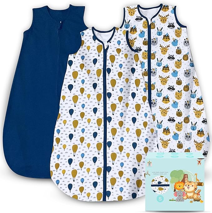 Cute Castle Baby Sleep Sack 0-6 Months - Lightweight 100% Cotton 2-Way Zipper TOG 0.5 Infant Wearable Blanket, Newborn Essentials Toddler Sleep Clothes, 3 Pack(Blue, Balloons, Animals)