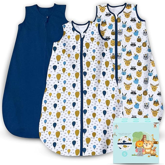 Cute Castle Baby Sleep Sack 0-6 Months - Lightweight 100% Cotton 2-Way Zipper TOG 0.5 Infant Wearable Blanket, Newborn Essentials Toddler Sleep Clothes, 3 Pack(Blue, Balloons, Animals)