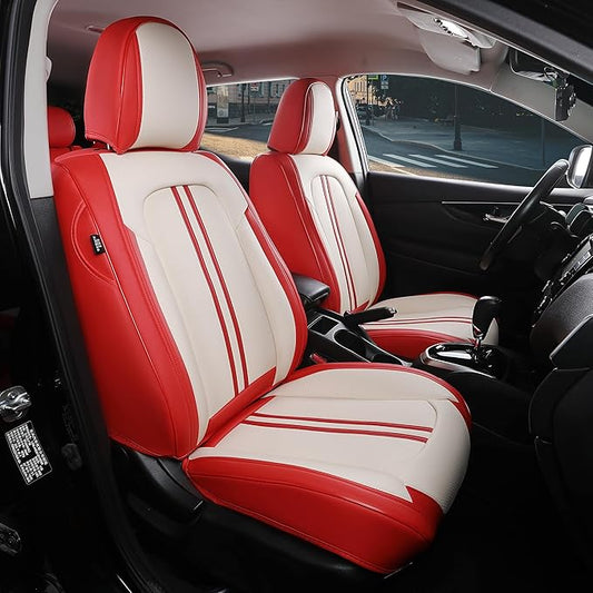 FREESOO Leather Car Seat Covers Full Set, Beige Red Seat Covers for Cars SUV Trucks, Waterproof Car Seat Cover Back Seat and Front, Luxury Auto Seat Covers Protector Cushion Fit for Most Vehicles