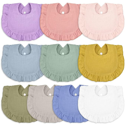 Seematn 10 Pcs Baby Muslin Bibs Drool Bibs Bandana Ruffle Soft Cotton for Newborn Baby Infants Girl Teething Toddlers Boy(Light Colors)