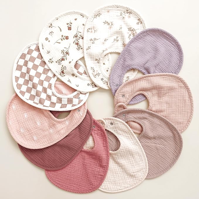 Konssy 10-Pack Muslin Baby Bibs, Soft Cotton Bandana Bibs for Drooling & Teething, Unisex Solid Colors for Boys & Girls, Newborn & Infant, Perfect Shower Gift