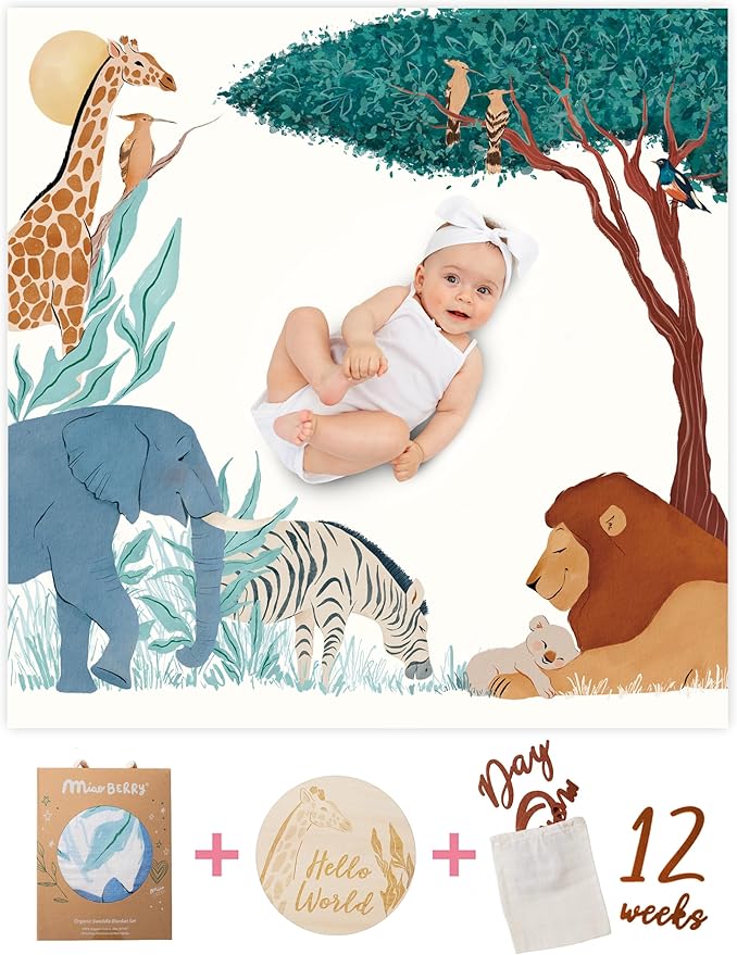 Miaoberry Safari Baby Milestone Blanket, Africa Jungle Theme Monthly Photo Growth Tracker with Giraffe, Lion, Elephant with Hello World Sign