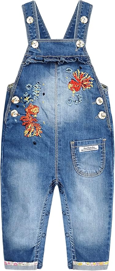 KIDSCOOL SPACE Baby Little Kids Cute Denim Embroidered Fashion Jean Overalls