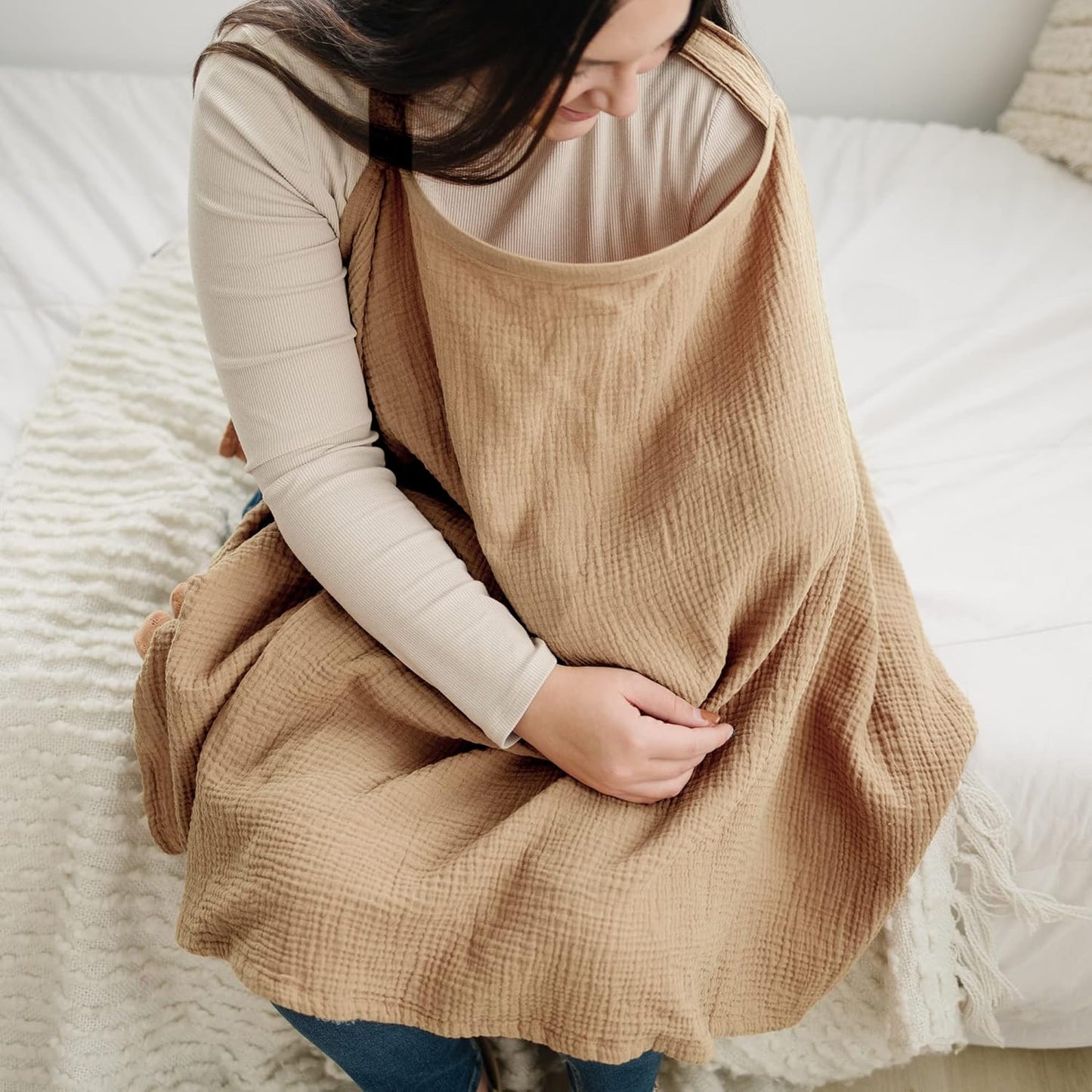 Konssy Muslin Nursing Cover for Baby Breastfeeding, Breathable 100% Cotton Breastfeeding Cover with Rigid Hoop for Mother Nursing Apron, Multi-use Carseat Canopy (Camel)