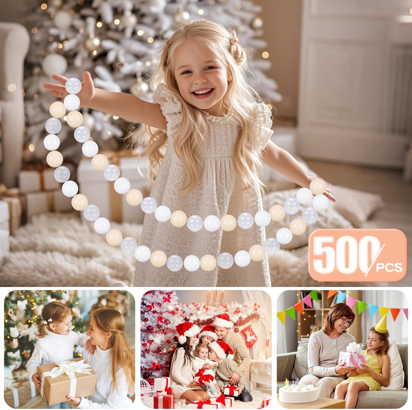 GOGOSO Balls for Ball Pit - Plastic Ball for Toddlers 1-3, Baby Kids Ball Pool Decoration 50 100 200 300 500 1000 (A White+Beige+Clear, 500 Balls)