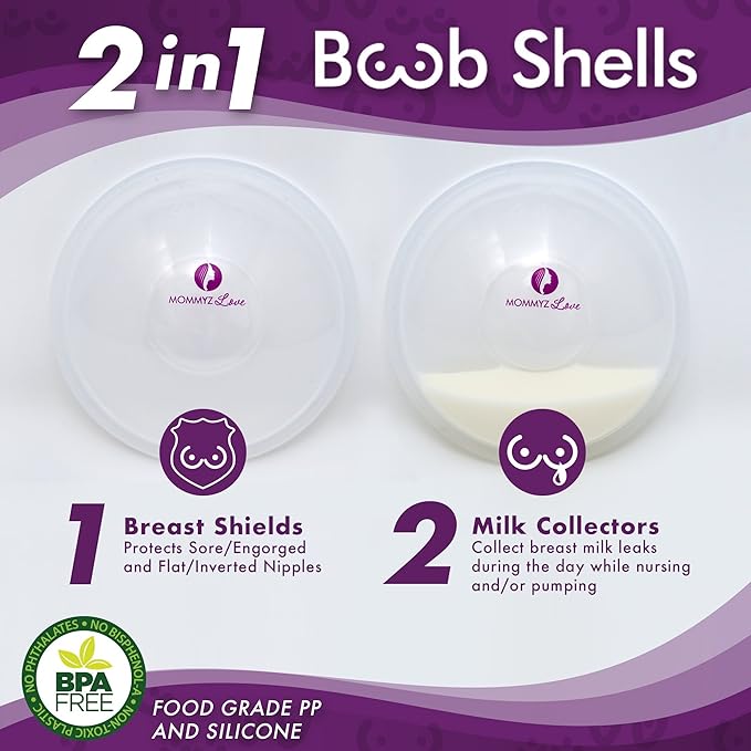 Mommyz Love Breast Shells & Milk Catcher for Breastfeeding No Plugs - Breast Milk Catcher to Relieve & Protect Cracked Sore & Engorged Nipples - Breast Shells Milk Collector for Leaking Milk (4 Pack)