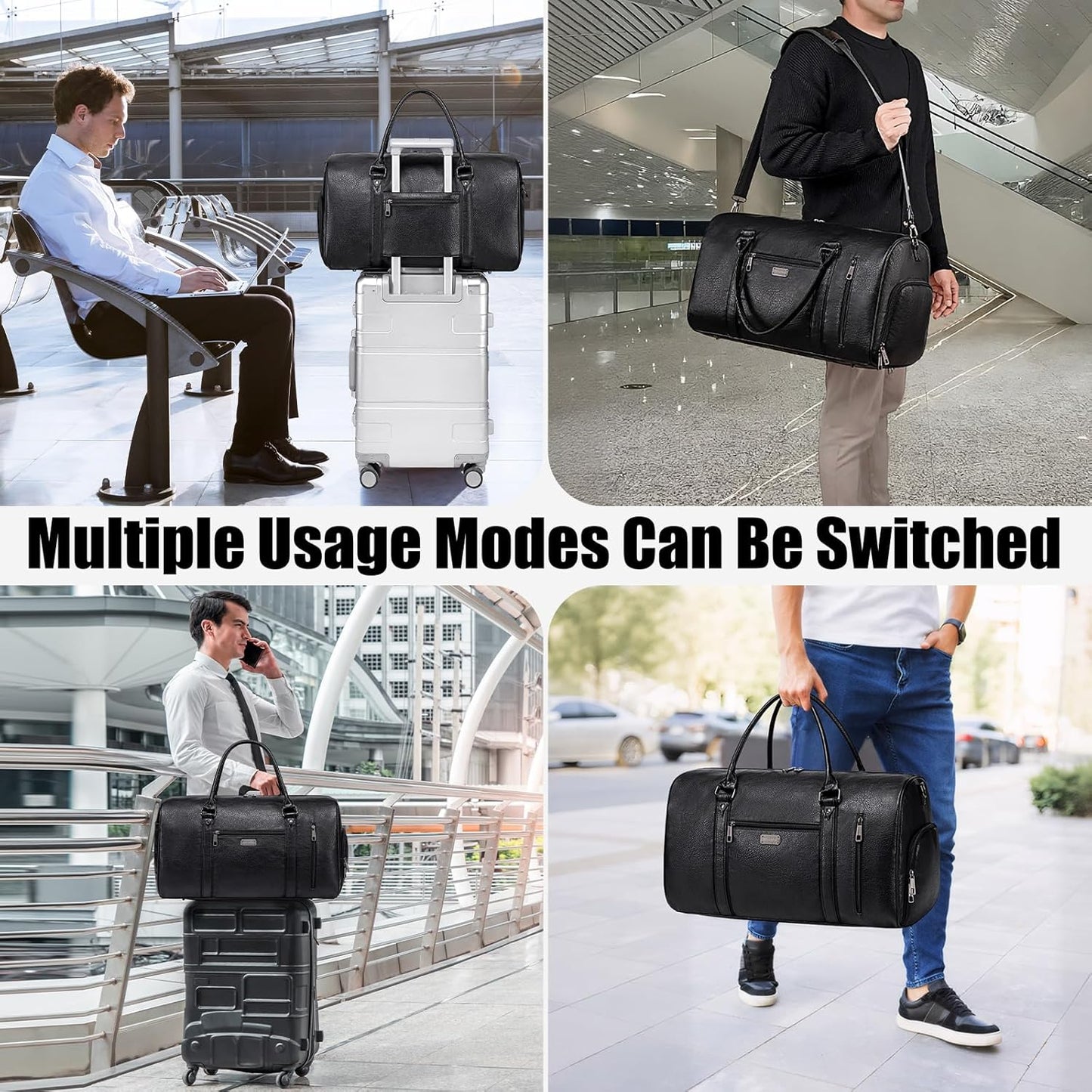 Large Leather Duffel Bag for Travel, Weekender Bag for Men or Women with Shoe Compartment, Waterproof Carry On Bag with Toiletry Bag, Travel Tote Bag with Luggage Strap (Black)