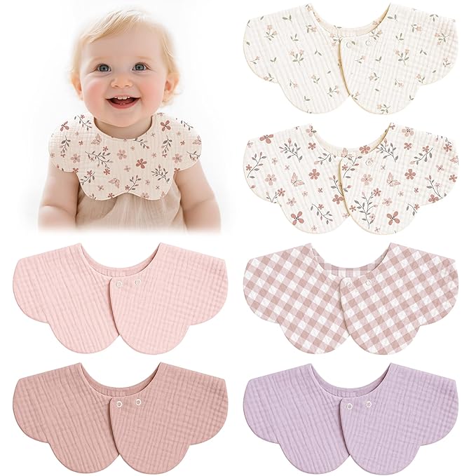 Muslin Baby Bibs, 6 Pack 100% Cotton Absorbent 360 ° Rotate Flower-Shaped Bandana Drool Bibs for Baby Girls & Boys