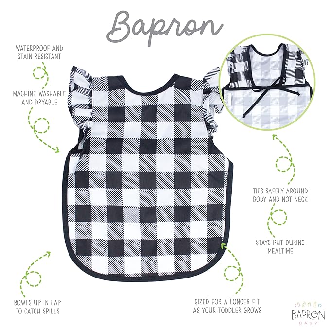BapronBaby Flutter White Buffalo Plaid Bapron - No Neck Tie Safer Bib for Baby& Toddler - Soft Waterproof Stain Resistant - Machine Washable - Sz Baby/Toddler 6m-3T