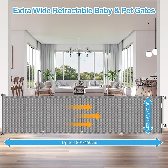Upgrade 180 inch Retractable Baby Gates, EZIGO Extra Wide Baby Gate for Large Opening Extra Long Mesh Gate for Kids or Pet Dog Gate Child Safety Gate for Stairs Hallways Doorway Indoor Outdoor, Gray