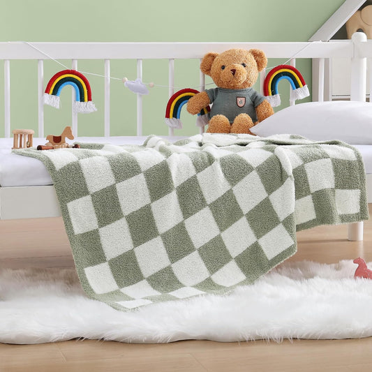 WRENSONGE Checkered Throw Blanket, Sage GreenSoft Cozy Fluffy Warm Hand Made Throw Blankets for Couch, Sofa, Chair, Bed, Camping, Picnic, Travel Lightweight Bed Blanket - 30"*40"