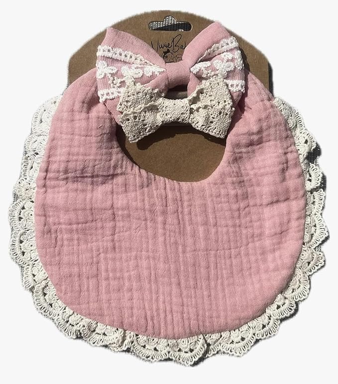 Baby Girl Gift Set, Muslin BoHo Bib with Lace and Matching Bows, Absorbent Cotton Adjustable Bib for Newborn Infant Toddler