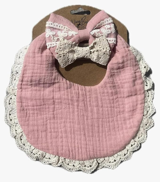Baby Girl Gift Set, Muslin BoHo Bib with Lace and Matching Bows, Absorbent Cotton Adjustable Bib for Newborn Infant Toddler
