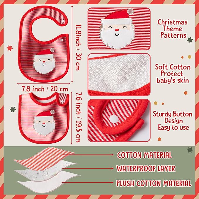 3Pcs Christmas Baby Cotton Bibs with Resin Button Newborn Infant Bibs Christmas Keepsake Baby Gift for Drooling Feeding