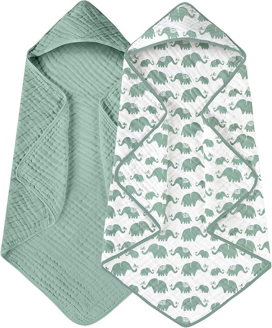 Yoofoss Hooded Baby Towels for Newborn 2 Pack 100% Muslin Organic Cotton Baby Bath Towel with Hood for Babies, Infant, Toddler and Kids, 32x32Inch, Soft and Absorbent Newborn Essential, Green Elephant