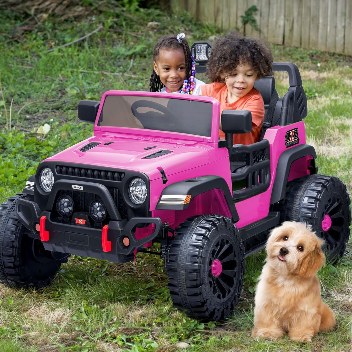 2 Seater Ride on Car Truck, 12V Kids Electric Ride on Toy for Big Kids Age 3-8 w/Remote Control- Hot Pink