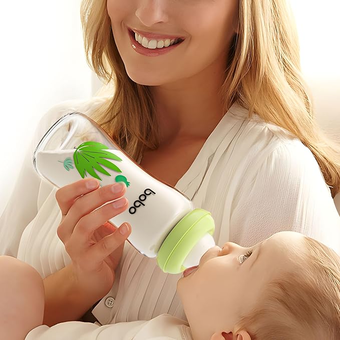 YOHKOH Natural Glass Baby Bottle with Natural Response Nipple, Newborn Anti-Colic Baby Bottles, Wide Neck Mushroom Cap Baby Bottle, Clear (8.8oz (Pack of 4), Green)