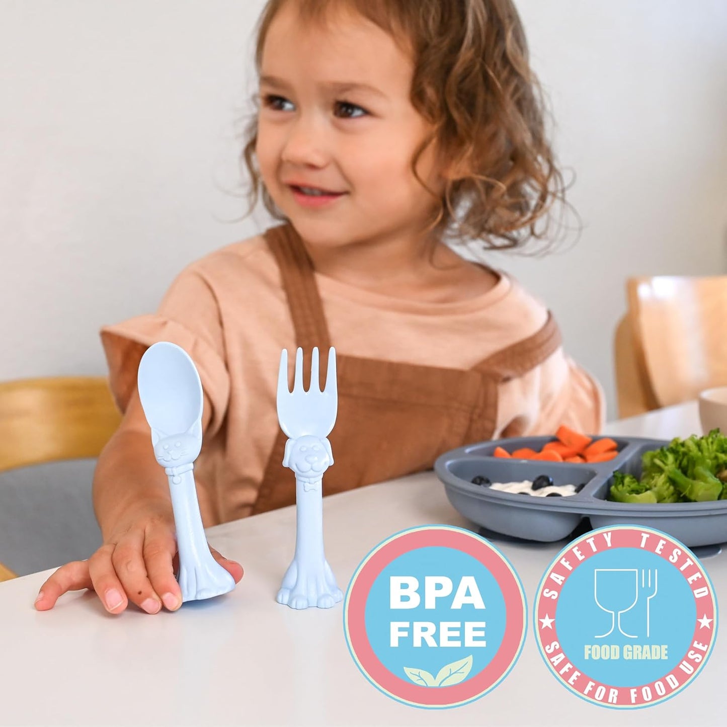 Made in USA Spoon la la Toddler Utensils Set (2 Pack) & Board Book - Spoon & Fork for Kids, Self-Standing 3D Ergonomic Cat & Dog Handles, BPA-free, Dishwasher Safe Baby Silverware (Blue)