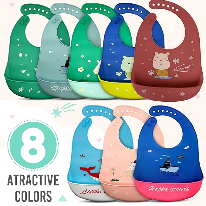 Silicone Baby Bibs Unisex, Self-Feeding, Catch-all Large Pocket, 6-48 months, BPA-Phthalate Free, w/Travel Case