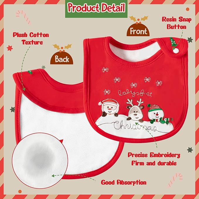 3Pcs Christmas Baby Cotton Bibs with Resin Button Newborn Infant Bibs Christmas Keepsake Baby Gift for Drooling Feeding