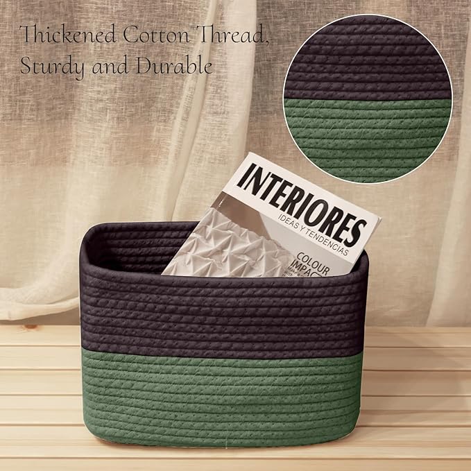 Hopegiver 3 Pack Storage Baskets for Organizing with Handle, Woven Baskets for Shelves - Durable Gift Basket for Cloth Toys Books Baby, Cotton Rope Basket for Dog Cat, 11x8x7 Inch(Brown&Green)