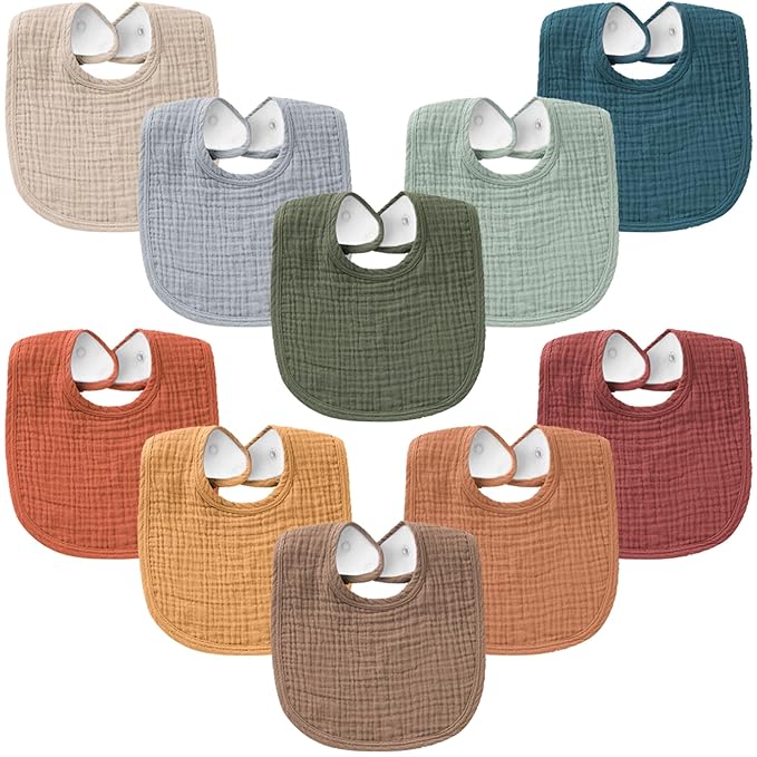 Konssy 10-Pack Muslin Baby Bibs, Soft Cotton Bandana Bibs for Drooling & Teething, Unisex Solid Colors for Boys & Girls, Newborn & Infant