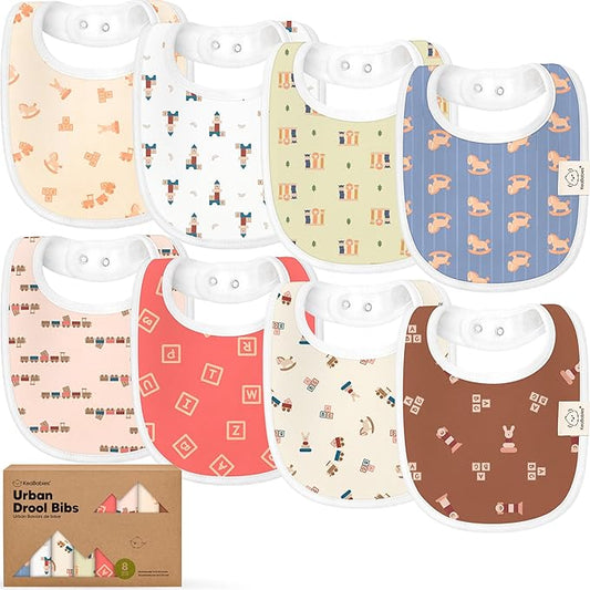 8-Pack Organic Baby Bibs for Boys, Girls - Soft Cotton Drooling and Teething Bibs for Baby Girl & Boy, Extra Absorbent, Easy to Clean & Put On for Toddler, Newborn, Infant 0-24 Months (Toy Land)