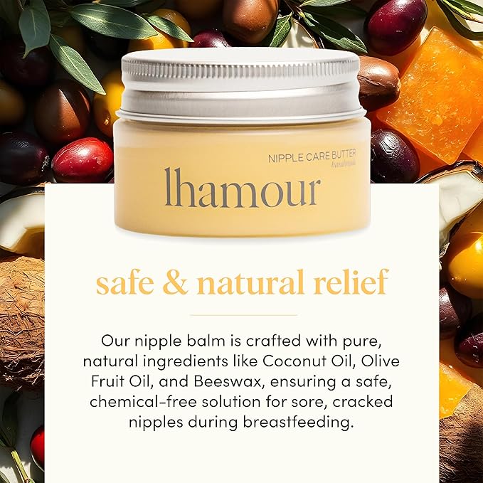 Lhamour 100% Natural Nipple Butter for Breastfeeding Moms, Soothing Nipple Cream with Coconut & Olive Oils, Beeswax, Safe for Baby, Relief for Sore, Dry & Cracked Skin, 1 oz