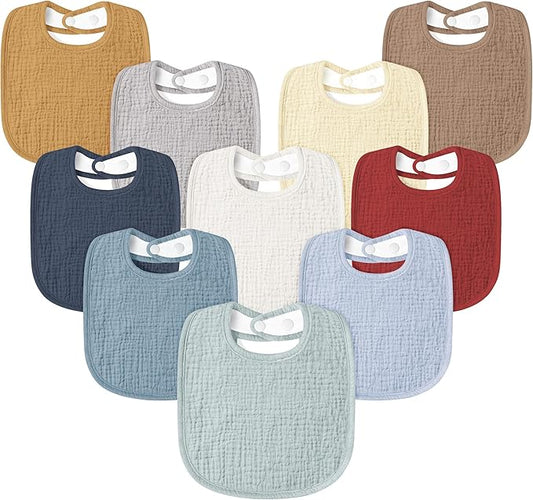 Susurration Muslin Baby Drool Bibs 10Pack Soft Square Adjustable Bandana Bibs for Unisex Baby Girls & Boys