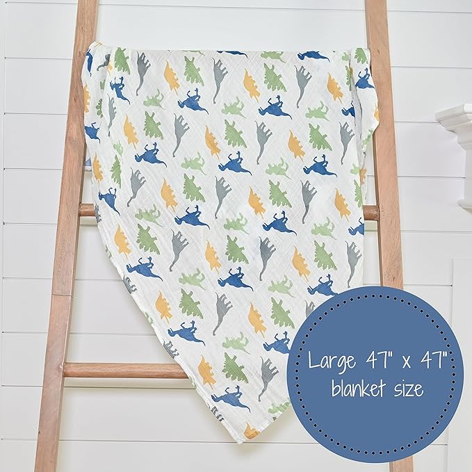 LollyBanks Muslin Swaddle Blankets, 100% Cotton Newborn Blanket for Boys and Girls, Large 47 x 47 Inches Lightweight and Breathable Baby Swaddle Blanket, Baby Essentials, Registry (Dinosaur Theme)