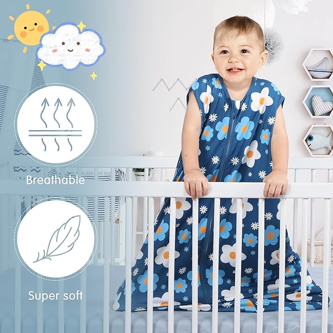 3 Pack Baby Sleep Sack 100% Rayon Cotton Baby Sleeping Bag 2-Way Zipper Toddler Wearable Blankets TOG 0.3. (Gerbera&Tulips&Pink, 6-12 Months)