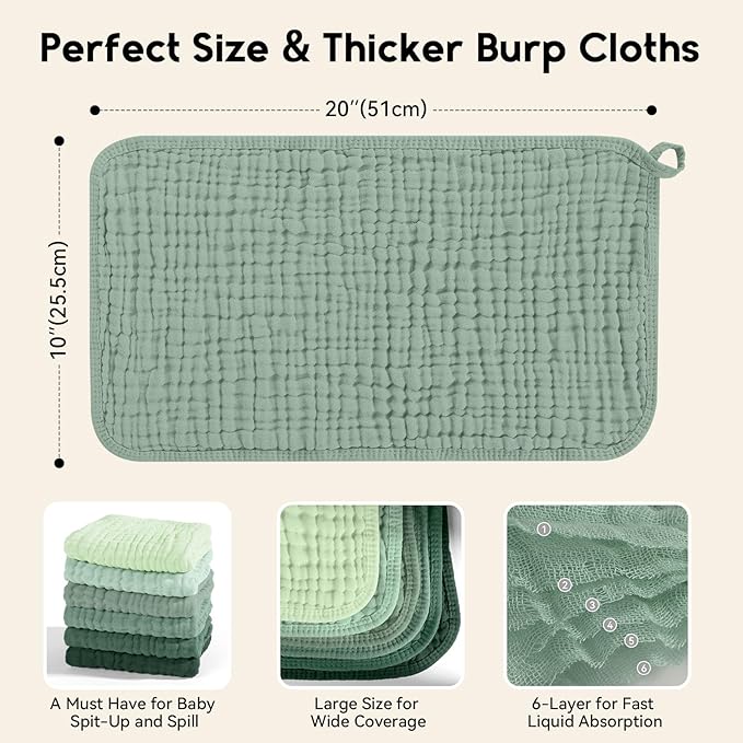 Muslin Burp Cloths for Baby 100% Cotton Burping Cloths for Boys Girls Large 20''X10'' Extra Soft and Absorbent 12 Pack - Gradient Green