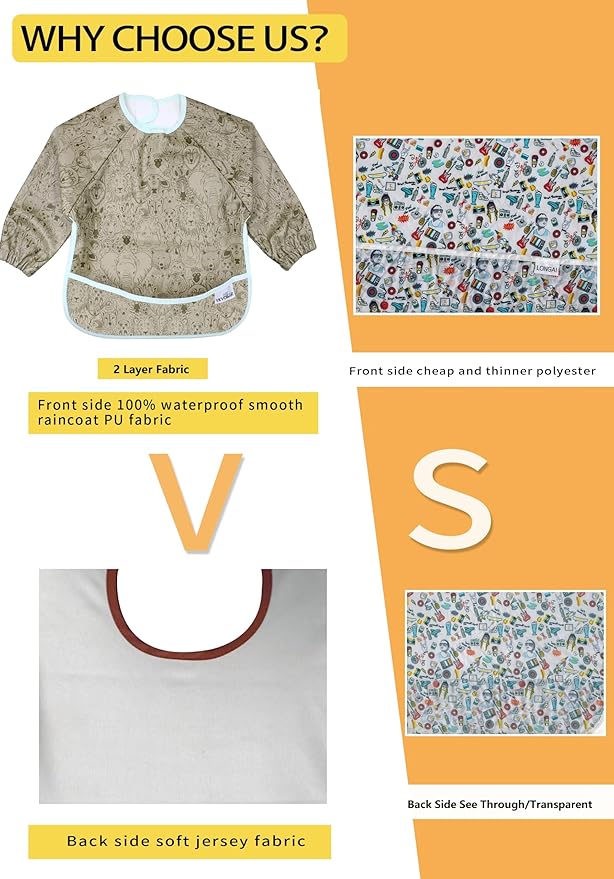 2 Pack Baby Bibs for Boy,Baby Bibs for Eating,Mess Proof Baby Bib,Full Sleeve Bib,Waterproof Bib for Toddlers