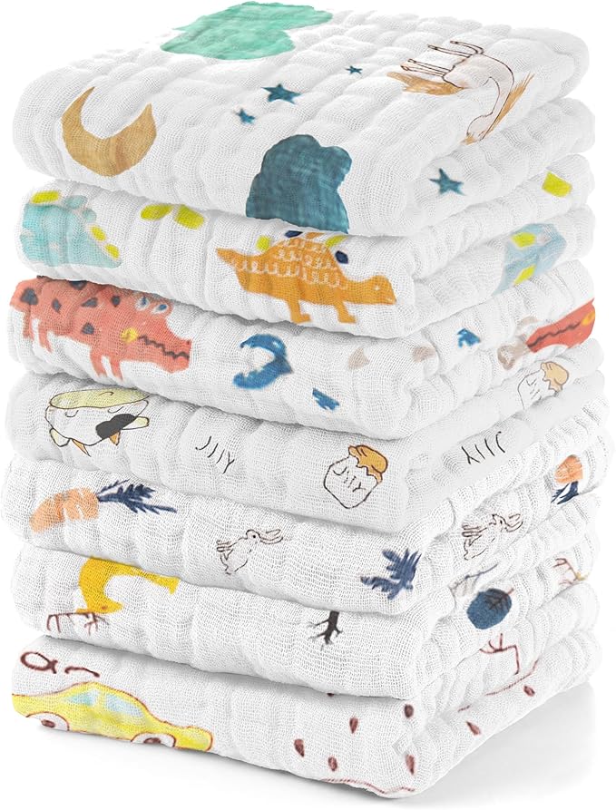 Muslin Baby Washcloths Pack of 7-Soft Sweat Cloths for Newborn,Absorbent Baby Bath and Face Towels,100% Cotton Baby Wipes,Burp Cloths,Feeding Towels for Babies and Infants,Mix Pattern-10 x 10’’