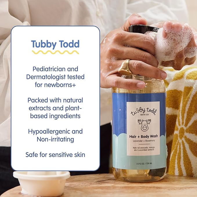 TUBBY TODD Hair + Body Wash - Baby Shampoo and Body Wash - Gentle, Natural Baby Was for Newborns, Babies, and Toddlers - Non-Toxic and Hypoallergenic - Lavender Rosemary, 2 Pack, 8.5oz & 25oz
